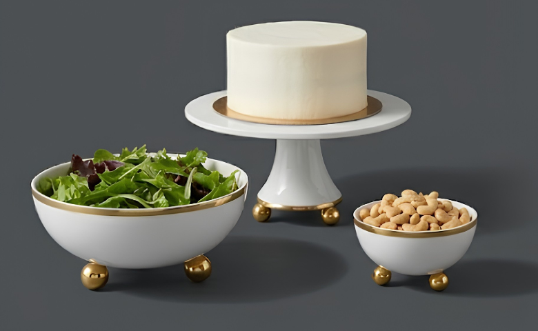 White & Gold Footed Ceramic Bowls & Cake Stands | Eneziy